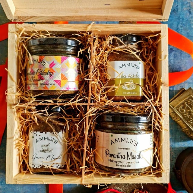 Ammiji's Rakhi Gift Hamper - Masala box - Classic Chai Masala, Garam Masala, Chholey Masala, Parantha Masala