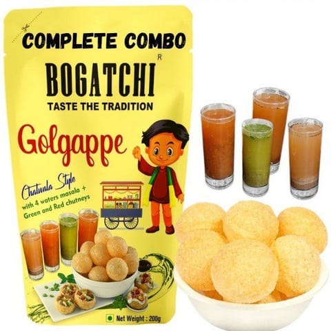 BOGATCHI Ready to Fry Atta Golgappe with 4 Waters Masala & Green & Red Chutneys , 200g