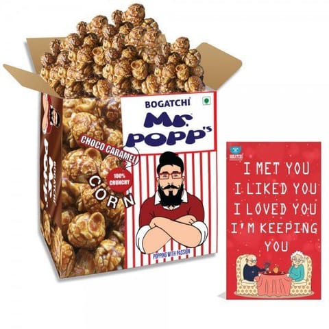 BOGATCHI  Mr.POPP's Chocolate Crunchy Caramel Gourmet Popcorn, Anniversary Gift for Parents, 375g + FREE Happy Anniversary Greeting Card