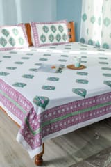 SootiSyahi 'Green & Voilet' Handblock Printed Cotton Bedsheet