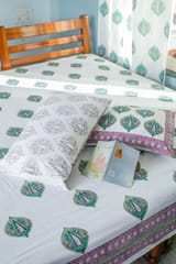 SootiSyahi 'Green & Voilet' Handblock Printed Cotton Bedsheet