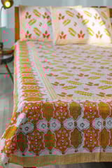 SootiSyahi 'Red Leaves' Handblock Printed Cotton Bedsheet