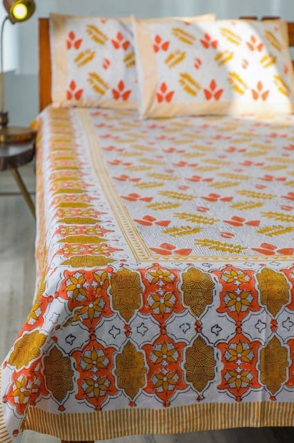 SootiSyahi 'Red Leaves' Handblock Printed Cotton Bedsheet