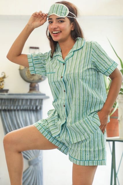 Sootisyahi 'Firm Mint ' Azofree Handblock Printed Pure Cotton Night Suit