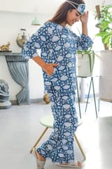 Sootisyahi 'Floral Blue ' Azofree Handblock Printed Pure Cotton Night Suit