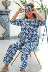 Sootisyahi 'Floral Blue ' Azofree Handblock Printed Pure Cotton Night Suit