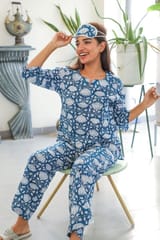 Sootisyahi 'Floral Blue ' Azofree Handblock Printed Pure Cotton Night Suit