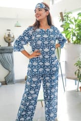 Sootisyahi 'Floral Blue ' Azofree Handblock Printed Pure Cotton Night Suit