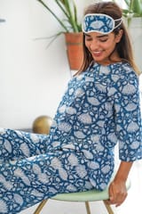 Sootisyahi 'Floral Blue ' Azofree Handblock Printed Pure Cotton Night Suit