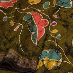 Anoothi-A Handpainted Batik Maheshwari Silk Cotton Saree in Olive Green and Dark Green