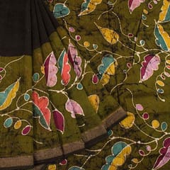 Anoothi-A Handpainted Batik Maheshwari Silk Cotton Saree in Olive Green and Dark Green