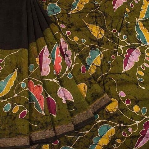 Anoothi-A Handpainted Batik Maheshwari Silk Cotton Saree in Olive Green and Dark Green