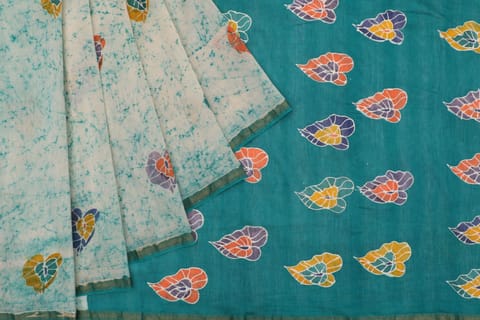 Anoothi-A Handpainted Batik Maheshwari Silk Cotton Saree in Turquoise and White