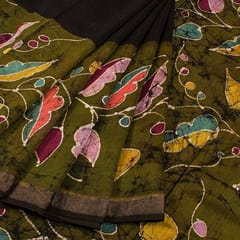 Anoothi-A Handpainted Batik Maheshwari Silk Cotton Saree in Olive Green and Dark Green