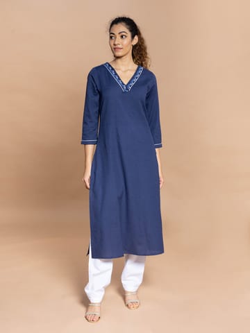 Rmya - Solid Navy Blue Kurta With Embroidered V Neck
