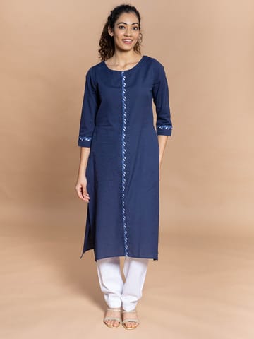 Rmya- Solid Navy Blue Kurta With Embroidered Placket And Cuffs