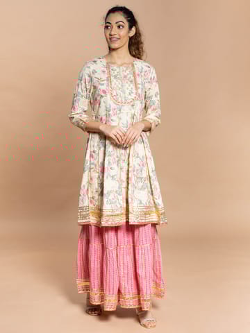 Rmya - Beige Floral Embellished Kurta With Gathers And Printed Gharara And Solid Dupatta