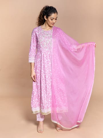 Rmya - Pink Floral Sequin Embroidered Kurta With Printed Straight Pants And Solid Dupatta
