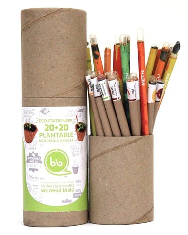 bioQ Plantable Eco Pen Pencil Combo (pack of 20+20) | Eco Friendly Recycled Paper Packaging | Grow Plants From Pens & Pencils | 100% Bio-degradable