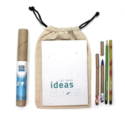bioQ Plantable Stationery Combo| 2 Seed Pen + 2 Seed Pencil in a Box + 1 Hand-Made Seed-Paper Notepad | Eco Friendly Cotton Bag Packaging | Grow Plants from Notepads Pens & Pencils (Pack of 1