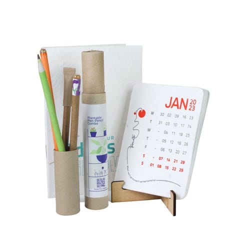 bioQ Plantable Calendar 2023 Stationery Kit Combo  | 2 Seed Pen + 2 seed Pencil in a Box + 1 hand-made seed-paper notepad +1 Wooden Stand Calendar Set | Eco-Friendly Cotton Bag Packaging | Grow Plants from Notepads Pens & Pencils and Calendar