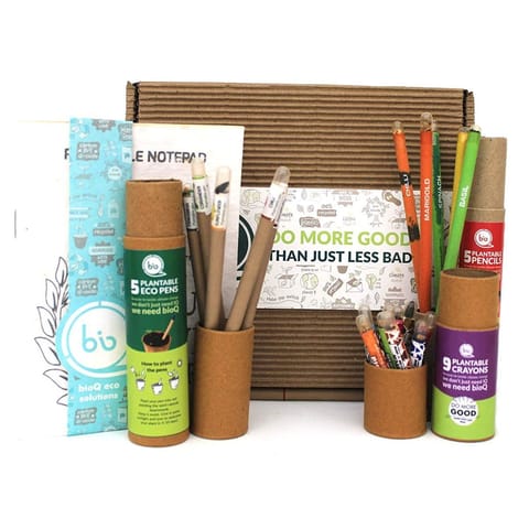 bioQ Plantable Stationery Gift Box | Eco-Friendly Gift Set for Kids | 1 Notepad + 5 Pencils + 5 Eco Pens + 9 Crayons in a Box