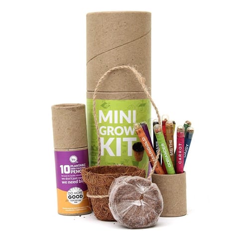 bioQ Eco Friendly Plantable Mini Grow Kit Set (Kids Special) : Grow Kit with Mini Coco Pot Planter and Coco Peat & Plantable Mini Colouring Pencils