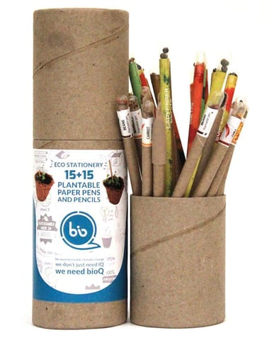 bioQ Plantable Pen & Pencil Combo (pack of 15+15) | Eco Friendly Recycled Paper Packaging | Grow Plants From Pens & Pencils | 100% Bio-degradable