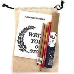 bioQ Plantable Stationery Combo| 2 Seed Pen + 2 Seed Pencil in a Box + 1 Hand-Made Seed-Paper Notepad | Eco Friendly Cotton Bag Packaging | Grow Plants from Notepads Pens & Pencils (Pack of 5)