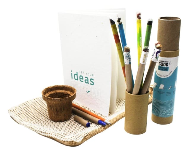 bioQ  Ecomatic GIY Plantable Stationery Jute Bag Combo - 5 Pen/Pencil Set, 1 Plantable Notepads with 2" Coco Pot & Peat