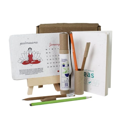 bioQ Plantable yoga  Calendar 2023 - Easy set |Plantable Notepad -B6:40p|Alt-Eco : Plantable Combo : Pen + Pencil (2+2)|Yoga Plantable Calendar (A5 size) -Wooden Stand packed with wooden stand