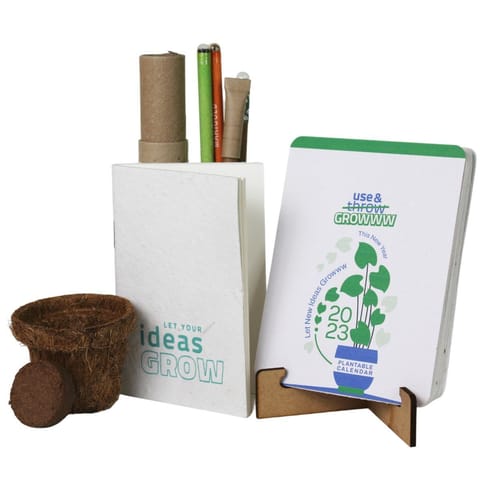 bioQ Plantable Calendar 2023 - Easy set |Plantable Calendar - Easy|Alt-Eco : Plantable Combo : Pen + Pencil (2+2)|2"coco pot + peat|Scribble Mini- Plantable Notepad -B7:40p