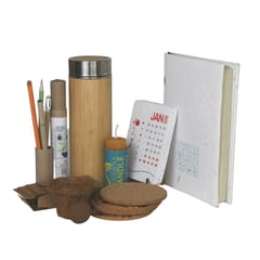 bioQ Green Eco-Friendly Gift Set - JUTE POUCH, PLANTABLE DIARY, BAMBOO BOTTLE, PAPER PEN & PENCIL, BEESWAX CANDLE, PLAYING CARDS, CORK COASTERS, CALENDAR & COCO POT