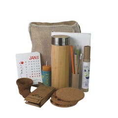 bioQ Green Eco-Friendly Gift Set - JUTE POUCH, PLANTABLE DIARY, BAMBOO BOTTLE, PAPER PEN & PENCIL, BEESWAX CANDLE, PLAYING CARDS, CORK COASTERS, CALENDAR & COCO POT