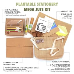 bioQ Eco-Friendly Mega Jute Kit | 1 Folder & Pouch (A4 size) + 2 Notepads (A5 size) + Combo of 5 Plantable Seed Pencils + 7 Eco Plantable Colouring Pens + 2 Mini Planting Sets | Eco Stationery Gift Set
