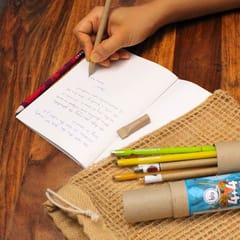 biQ Plantable Pen Pencil Combo with Hand-Made Seed-Paper Notepad - 4 Seed Pens + 4 Seed Pencils - Sustainable Gift Set in Netted Jute Bag