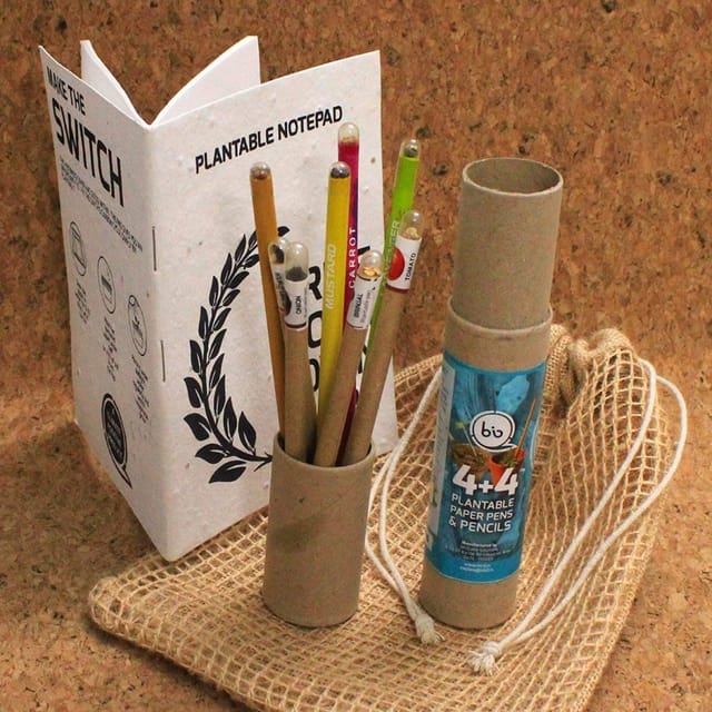 biQ Plantable Pen Pencil Combo with Hand-Made Seed-Paper Notepad - 4 Seed Pens + 4 Seed Pencils - Sustainable Gift Set in Netted Jute Bag