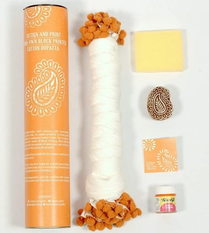 POTLI Handmade Wooden Block Print DIY Craft Kit  Dupatta -   (Orange Paisley Design Block) (For All Ages)