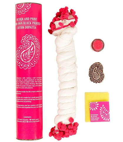 POTLI Handmade Wooden Block Print DIY Craft Kit  Dupatta -   ( Pink Paisley Design Block) (For All Ages)