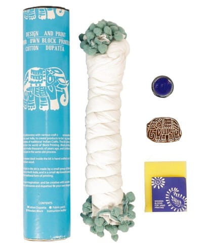 POTLI Handmade Wooden Block Print DIY Craft Kit  Dupatta -  (Blue Elephant Design Block) (For All Ages)