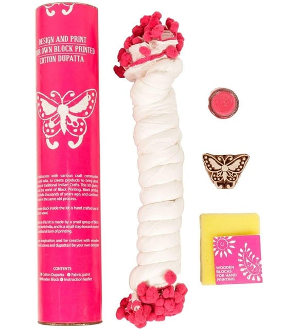 POTLI Handmade Wooden Block Print DIY Craft Kit For Dupatta -  (Pink Butterfly Design Block) (For All Ages)