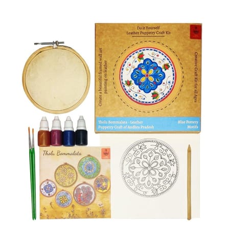 POTLI DIY Wall Art Leather Puppetry Painitng kit Blue Pottery pattern White 5" for Adults