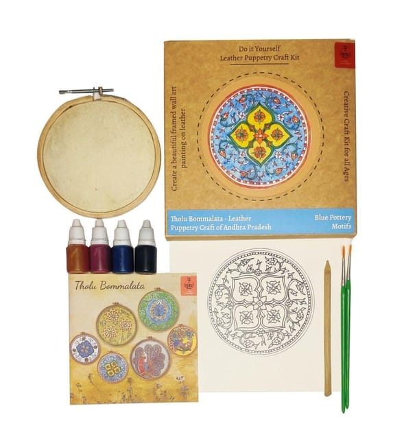 POTLI DIY Wall Art Leather Puppetry Painitng kit Blue Pottery pattern Blue 5" for Adults