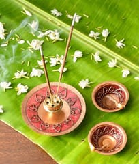 Ekibeki-Diya & Agarbatti Stand Combo | Archana | Copper Enamel