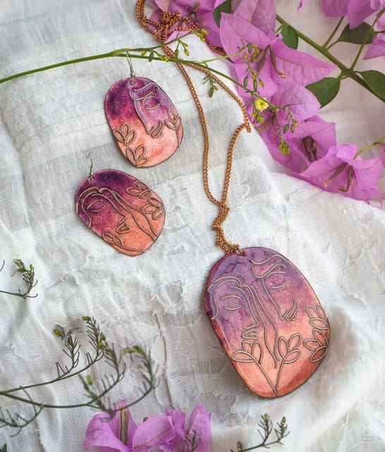 Ekibeki Kalighat Love Pink Copper Enamel Pendant Set