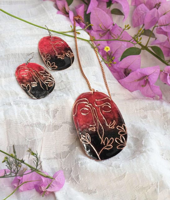Ekibeki Kalighat Love Red Copper Enamel Pendant Set