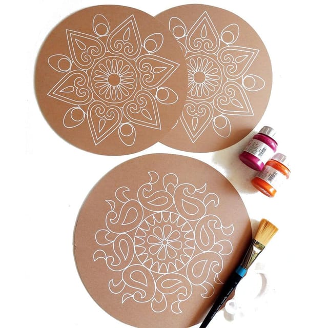 IVEI MDF DIY Rangoli plates- Set of 3, with Pre-drawn design (Circle)