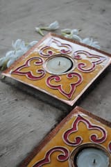 Ekibeki Yellow Rang-oli Square Tealight Holder (Set of 2)