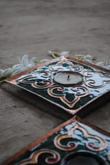 Ekibeki Green Rang-oli Square Tealight Holder (Set of 2)