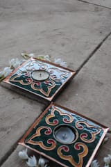 Ekibeki Green Rang-oli Square Tealight Holder (Set of 2)